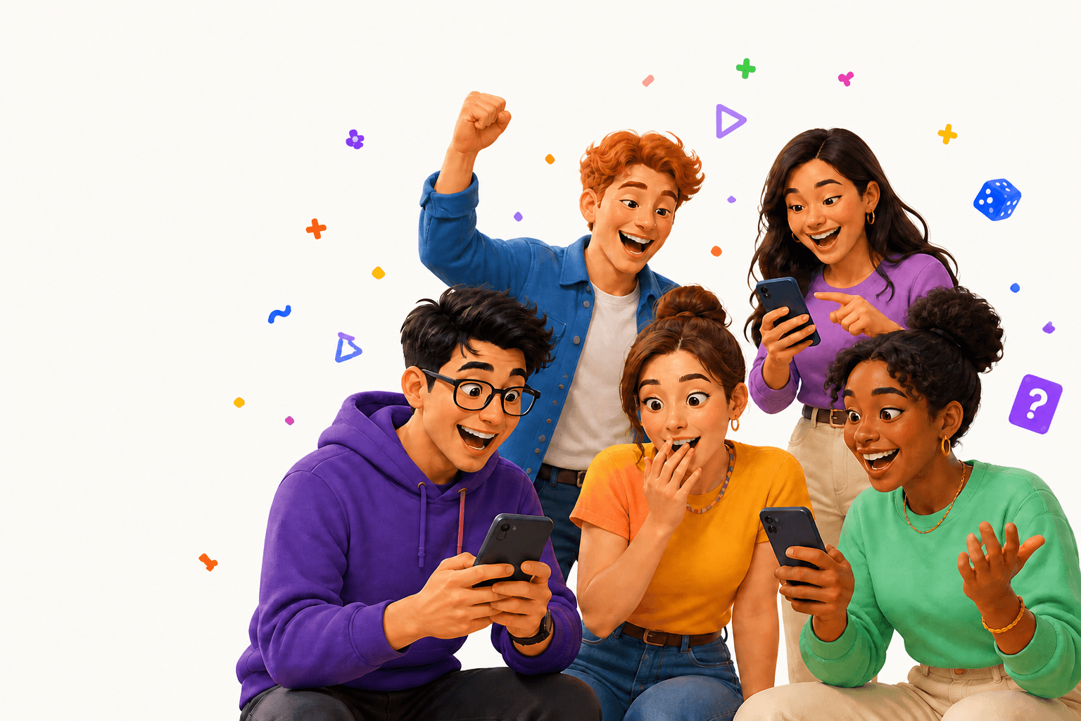 Five friends laughing and playing a party game on their phones